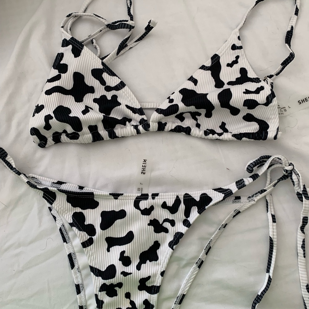 Black and white cow print bikini